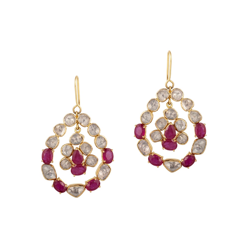 Earrings with Uncut Diamonds Polki & Ruby Teardrop